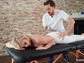 Fine blonde with big tits, insolent nude porn on the massage table